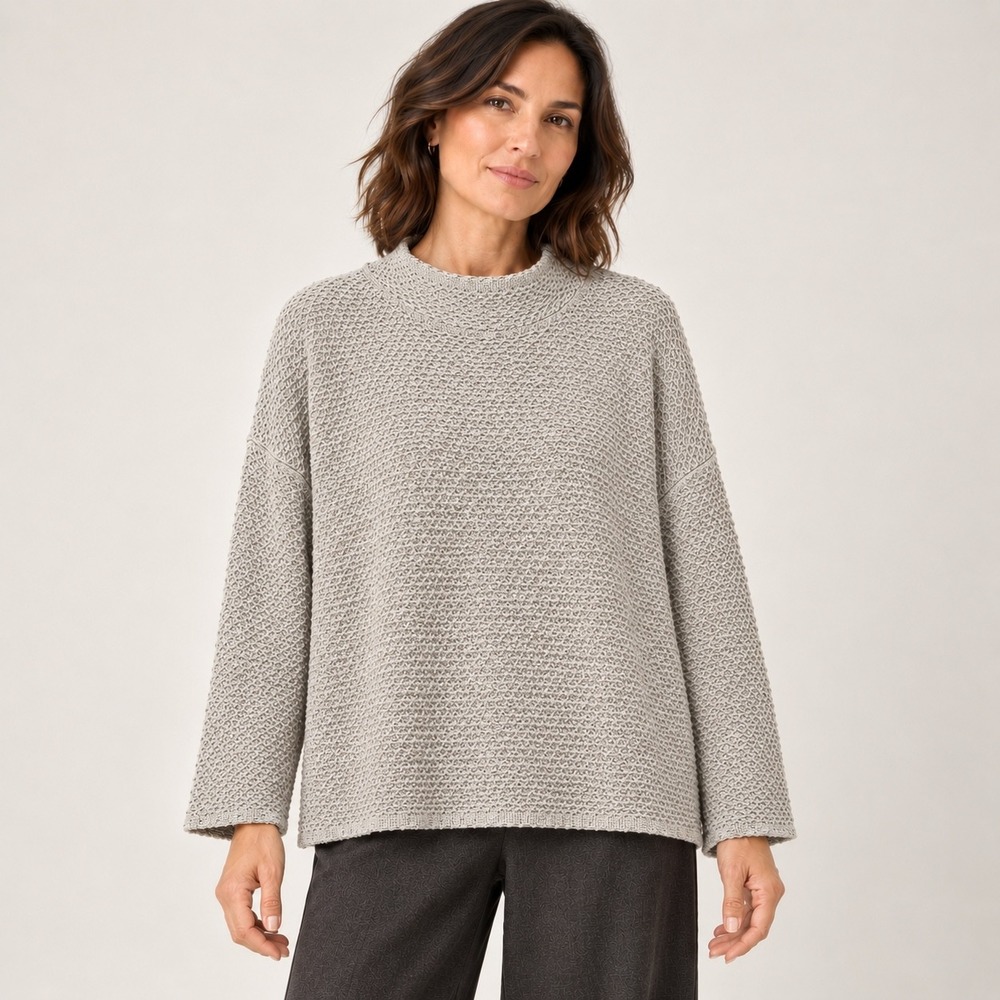 Eileen Fisher 100% Silk Noil Funnel Neck Sweater Womens L Ash Gray Boxy NWT $278